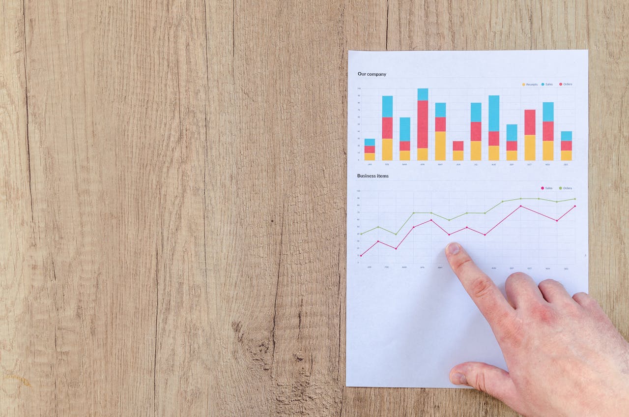 digital-01 Hand analyzing business graphs on a wooden desk, focusing on data results and growth analysis.
