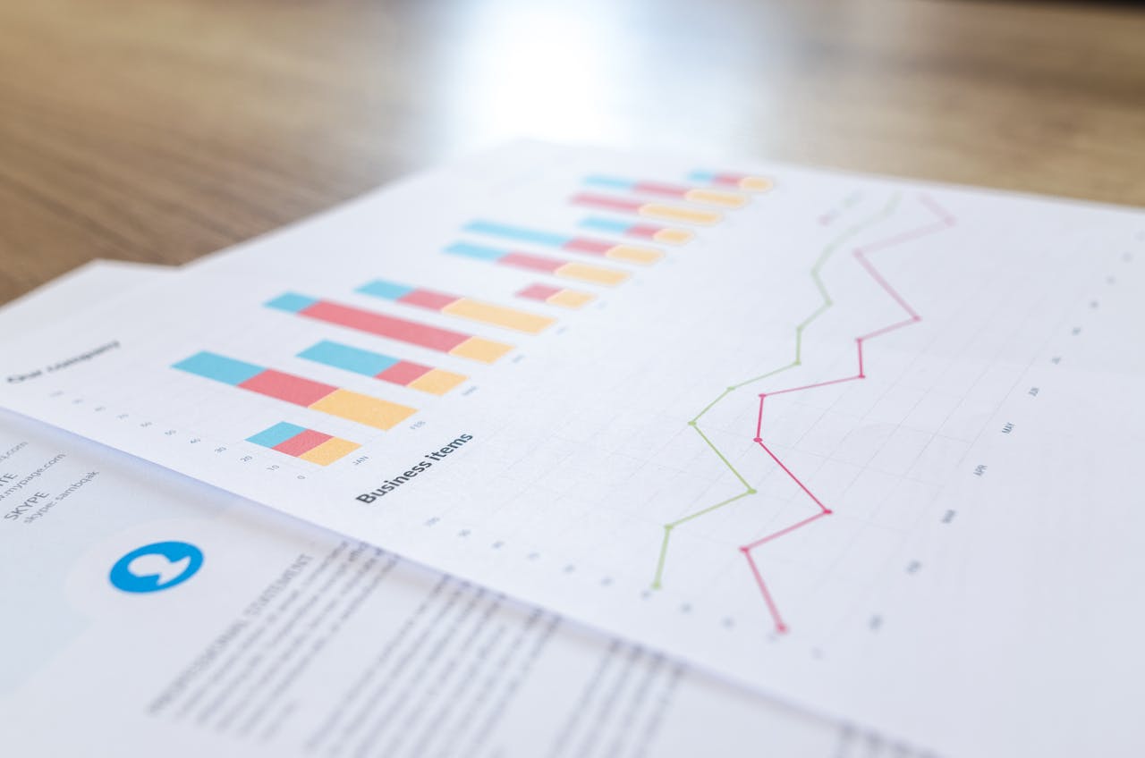 creative-03 A close-up view of a business document with charts and graphs on a wooden desk.